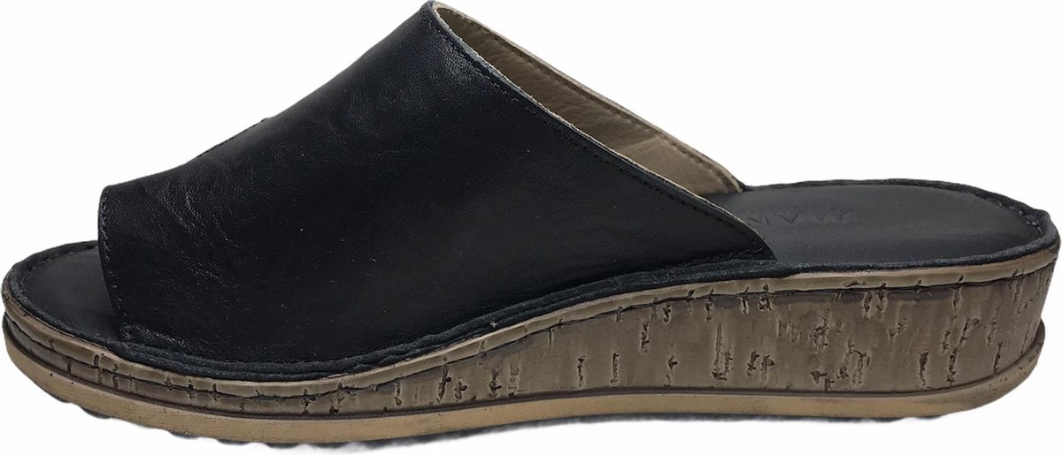 lisa 4 cm hoogte lederen comfort teen slippers W107-1880 Zwart