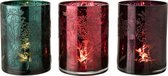 J-Line Theelichthouder Plantenmotief Glas Groen/Rood/Paars Large Assortiment Van 3