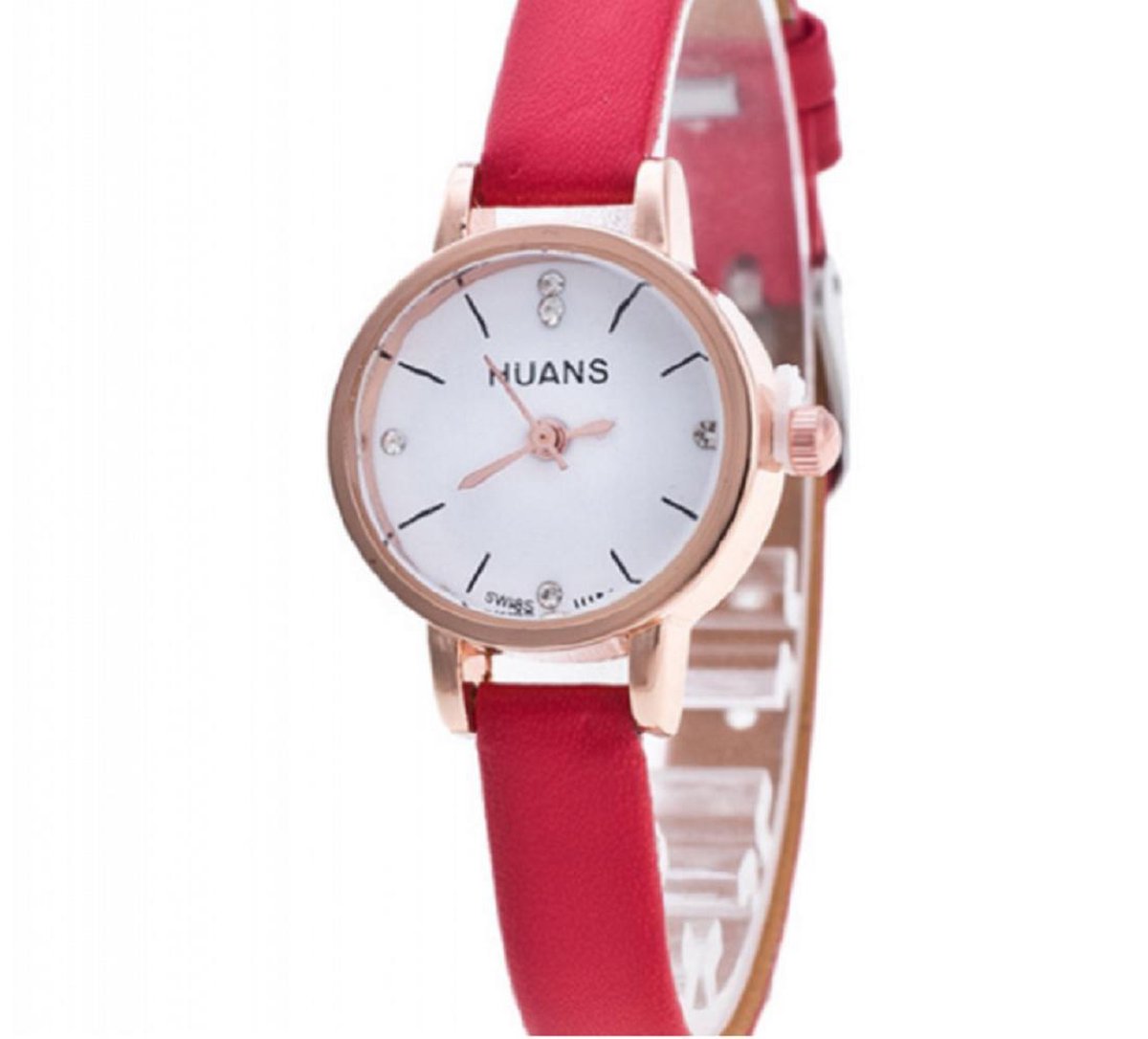Horloge- Huans- Rood- 22 mm- Leder bandje- Goudkleurig- Zirkonia- Smalle pols-Charme Bijoux
