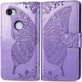 Butterfly Love Flowers Embossing Horizontale Flip Leather Case voor Google Pixel 3A, met houder & kaartsleuven & portemonnee & lanyard (lichtpaars)