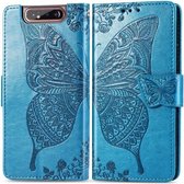 Butterfly Love Flowers Embossing Horizontale Flip Leather Case voor Galaxy A80 / A90, met houder & kaartsleuven & portemonnee & lanyard (blauw)