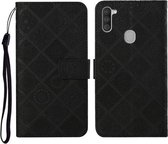 Voor Samsung Galaxy M11 etnische stijl reliëf patroon horizontale flip lederen tas met houder & kaartsleuven & portemonnee & lanyard (zwart)