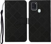 Voor Samsung Galaxy A21s etnische stijl reliëf patroon horizontale flip lederen tas met houder & kaartsleuven & portemonnee & lanyard (zwart)