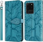 Voor Samsung Galaxy S20 Ultra Life of Tree Embossing Pattern Horizontale Flip Leather Case met houder & kaartsleuf & portemonnee & fotolijst & Lanyard (Lake Blue)