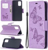 Voor Samsung Galaxy A02s (EU-versie) Embossing Two Butterflies Pattern Horizontale Flip PU lederen tas met houder & kaartsleuf & portemonnee & lanyard (paars)