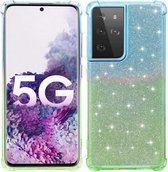 Voor Samsung Galaxy S21 Ultra 5G gradiënt glitter poeder schokbestendig TPU beschermhoes (blauwgroen)