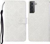 Voor Samsung Galaxy Galaxy S21 5G etnische stijl reliëf patroon horizontale flip lederen tas met houder & kaartsleuven & portemonnee & lanyard (wit)