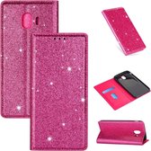 Voor Samsung Galaxy J4 (2018) Ultradunne Glitter Magnetische Horizontale Flip Leren Case met Houder & Kaartsleuven (Rose Rood)