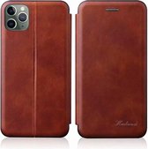 Voor iphone 11 pro max geÃ¯ntegreerde elektriciteit drukken retro textuur magnetische tpu + pu lederen tas met kaartsleuf en houder (bruin)