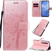 Voor Xiaomi Mi 10 5G / Mi 10 Pro 5G Tree & Cat Pattern Pressed Printing Horizontale Flip PU lederen tas met houder & kaartsleuven & portemonnee & Lanyard (Rose Gold)