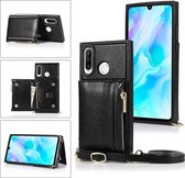 Voor Huawei P30 Lite Vierkante Rits Portemonnee Tas TPU + PU Achterkant Case met Houder & Kaartsleuven & Portemonnee & Cross-body Riem (Zwart)