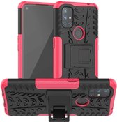 Voor OnePlus Nord N10 5G Bandentextuur Schokbestendig TPU + PC beschermhoes met houder (roze)