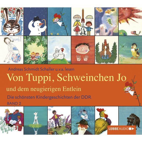 Boekomslag met een collage van kinderillustraties, waaronder een konijn, sneeuwpop en eendje. Tekst: Von Tuppi, Schweinchen Jo und dem neugierigen Entlein.