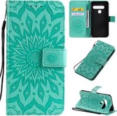 Voor LG G8S ThinQ Geperst Afdrukken Zonnebloem Patroon Horizontale Flip PU Lederen Case met Houder & Kaartsleuven & Portemonnee & Lanyard (Groen)