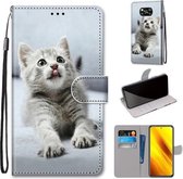 Voor Xiaomi Poco X3 NFC Gekleurde Tekening Cross Textuur Horizontale Flip PU Lederen Case met Houder & Kaartsleuven & Portemonnee & Lanyard (Kleine Grijze Kat)