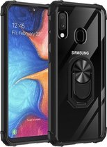 Voor Samsung Galaxy A20e schokbestendig transparant TPU + acryl beschermhoes met ringhouder (zwart)