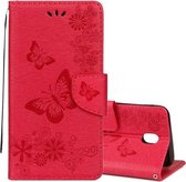 Voor Galaxy J7 (2017) (EU-versie) Geperste bloemen Vlinderpatroon Horizontale lederen flip-hoes met houder & kaartsleuven & portemonnee & lanyard (rood)