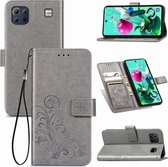 Voor LG K92 5G vierbladige sluiting reliëf gesp mobiele telefoon bescherming lederen tas met lanyard & kaartsleuf & portemonnee & beugel functie (grijs)