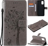 Voor Samsung Galaxy A02s Tree & Cat Pattern Pressed Printing Horizontale Flip PU Leather Case met houder & kaartsleuven & portemonnee & Lanyard (grijs)