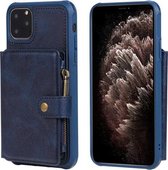 Voor iPhone 11 Pro Max Gesp Rits Schokbestendig Beschermhoes met Houder & Kaartsleuven & Portemonnee & Lanyard & Fotolijsten (Blauw)