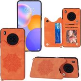 Voor Huawei Y9a Mandala reliëf PU + TPU hoesje met houder & kaartsleuven & fotolijst & riem (oranje)