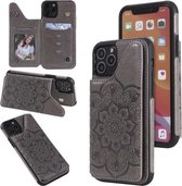 Bloem reliëfpatroon schokbestendig beschermhoes met houder & kaartsleuven en fotolijst voor iPhone 11 Pro (grijs)