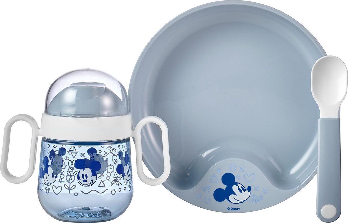 Mepal Mio – Babyservies 3-delig – bestaat uit een oefenbord, antilekbeker en oefenlepel – Mickey Mouse – licht in gewicht – kan tegen een stootje