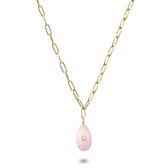 Twice As Nice Halsketting in goudkleurig edelstaal, druppel, roze quartz  38 cm+5 cm