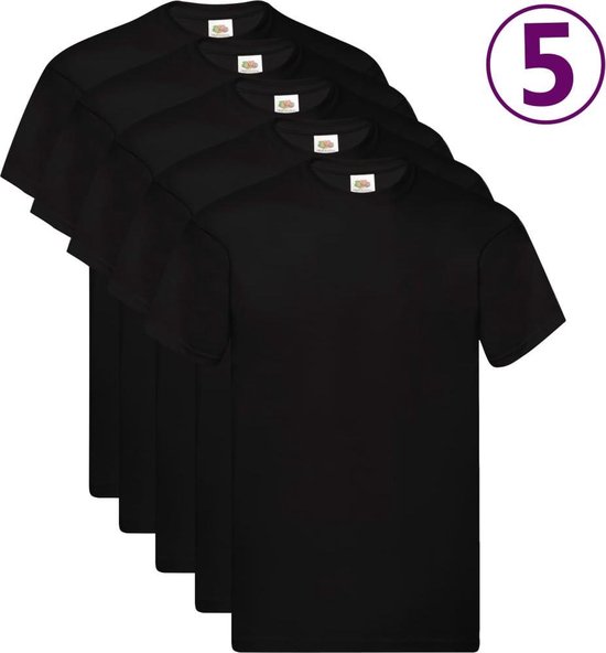 Vijf zwarte Fruit of the Loom T-shirts op een rij.