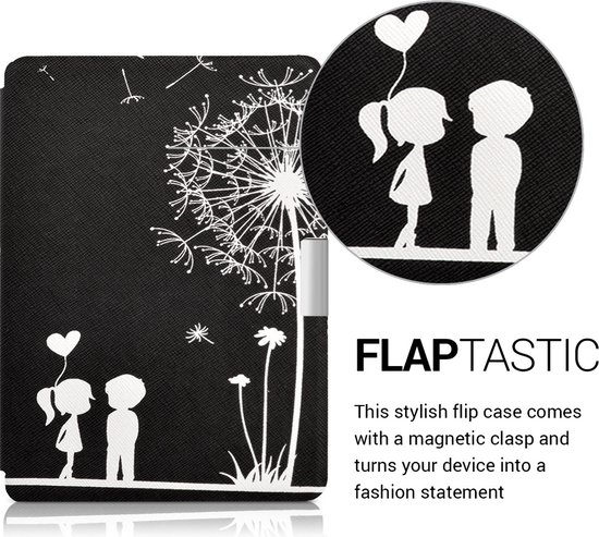 kwmobile e-reader hoesje geschikt voor Kobo Aura Edition 2 hoes - E reader flip case met magnetische sluiting - Ereader cover - Paardenbloemen Liefde design in wit / zwart van Merkloos — afbeelding 4