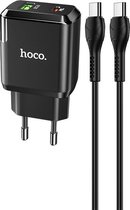 HOCO N5 Favor - 2-Poort Oplader PD 20W + QC3.0 - EU Plug - Snellader + USB-C naar USB-C Kabel - Voor Apple iPhone en Android - Zwart