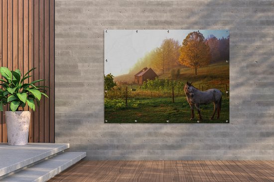 Muurdecoratie buiten Grasveld met paard in Vermont - 160x120 cm - Tuindoek - Buitenposter