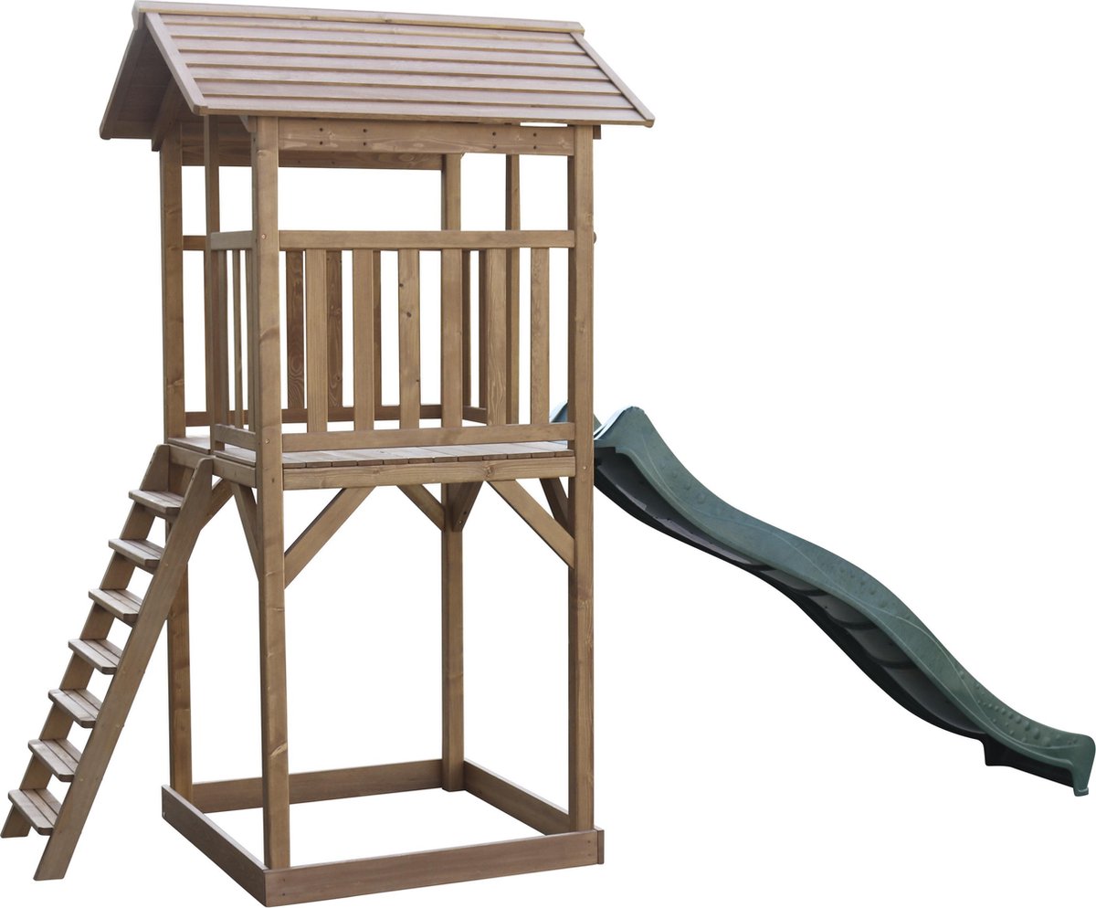 AXI Beach Tower Speeltoestel in Bruin - Speeltoren met Zandbak en Groene Glijbaan - FSC hout - Speelhuis op palen voor de tuin — afbeelding 10
