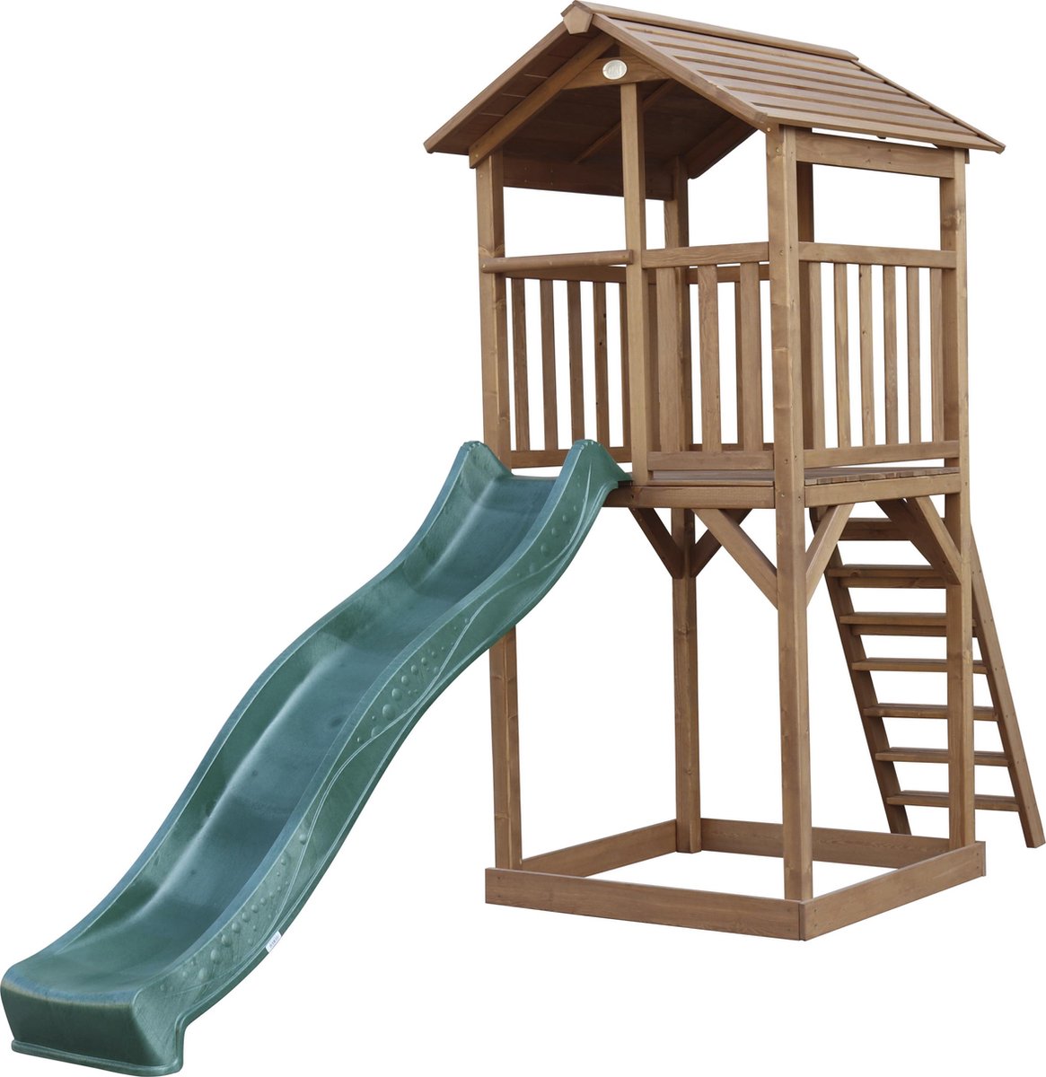 AXI Beach Tower Speeltoestel in Bruin - Speeltoren met Zandbak en Groene Glijbaan - FSC hout - Speelhuis op palen voor de tuin