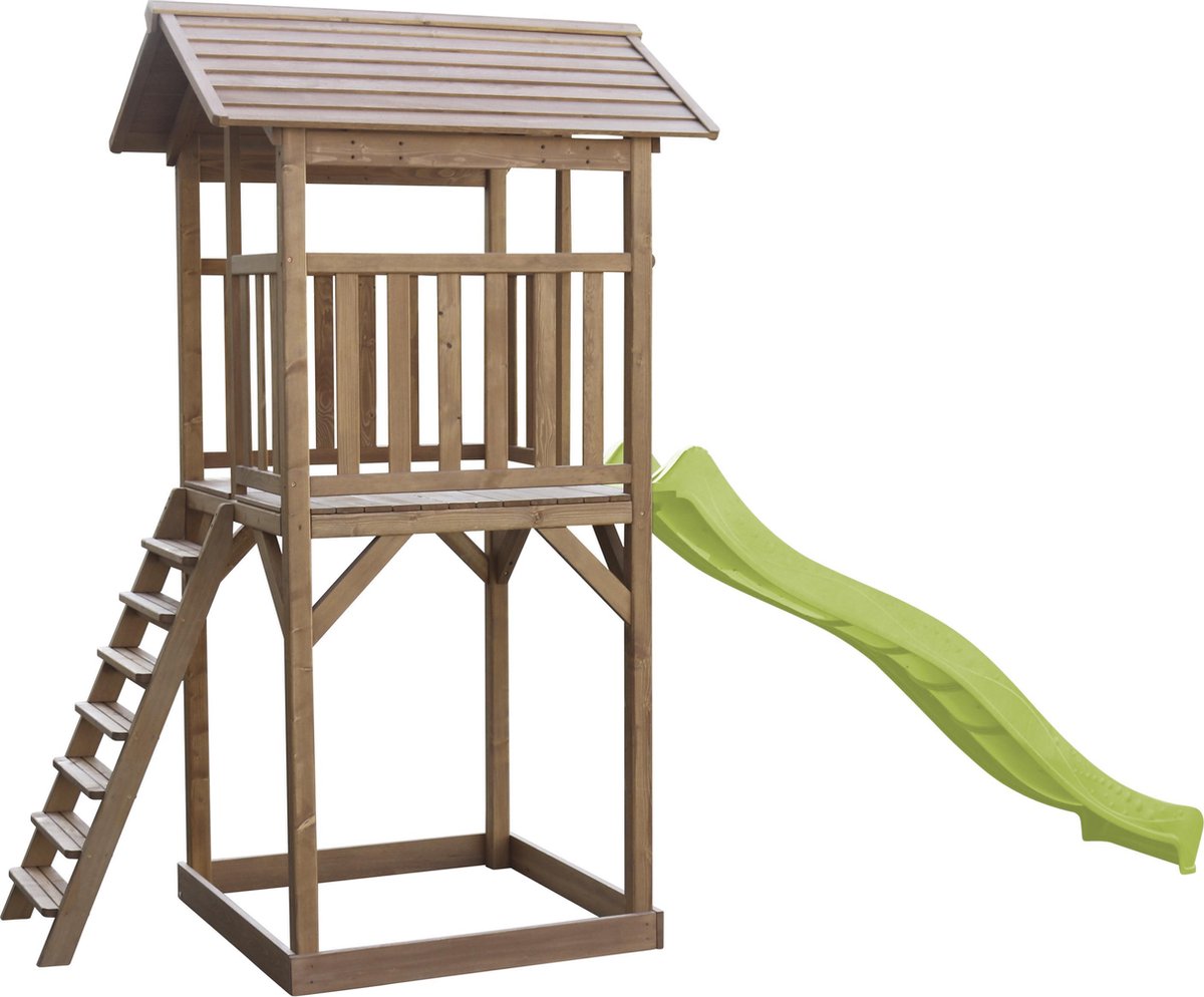 AXI Beach Tower Speeltoestel in Bruin - Speeltoren met Zandbak en Limoen Groene Glijbaan - FSC hout - Speelhuis op palen voor de tuin — afbeelding 11
