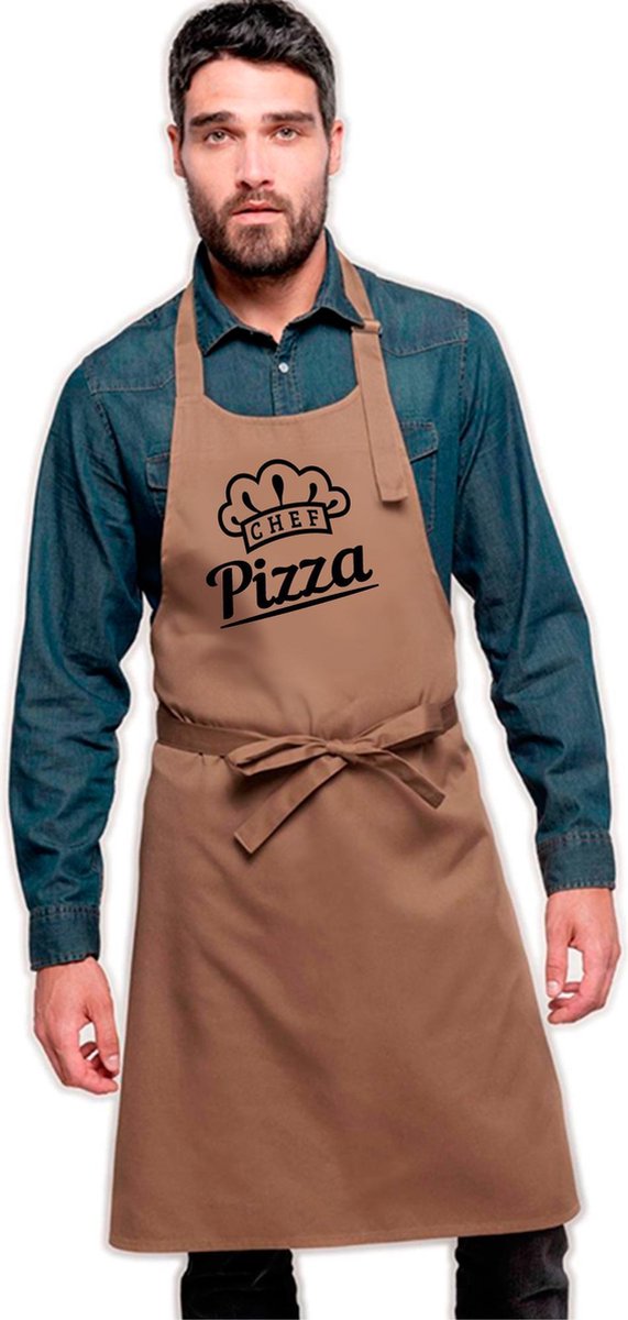 Keukenschort Chef Pizza - Heren Dames - Horecakwaliteit - One size - Verstelbaar - Wasbaar - Cadeau Verjaardag Feest Grappig Geintje Jubileum Pensioen Zomaar Bedankt BBQ - Beige