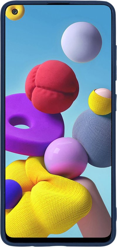 Donkerblauwe telefoonhoes voor Samsung Galaxy A21s, met kleurrijk abstracte display.