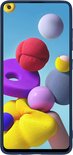 Donkerblauwe telefoonhoes voor Samsung Galaxy A21s, met kleurrijk abstracte display.