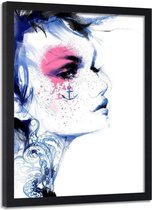 Foto in frame , Vrouw met anker op gezicht ,70x100cm , Zwart wit roze, wanddecoratie