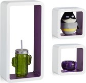 Relaxdays wandbox kubus - set van 3 - wandkubus - hout - kubus - MDF - zwevend - Wit-Violet