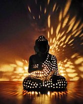 Boeddha beeld waxinelicht sfeerverlichting handgemaakt hoogte 26 cm lengte 20 cm breedte 15 cm kleur zwart.