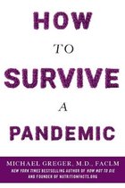 Boekcover: "HOW TO SURVIVE A PANDEMIC" met tekst op een witte achtergrond. De letters zijn paars.