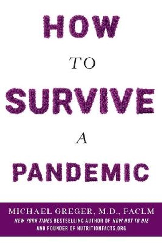 Boekcover: "HOW TO SURVIVE A PANDEMIC" met tekst op een witte achtergrond. De letters zijn paars.