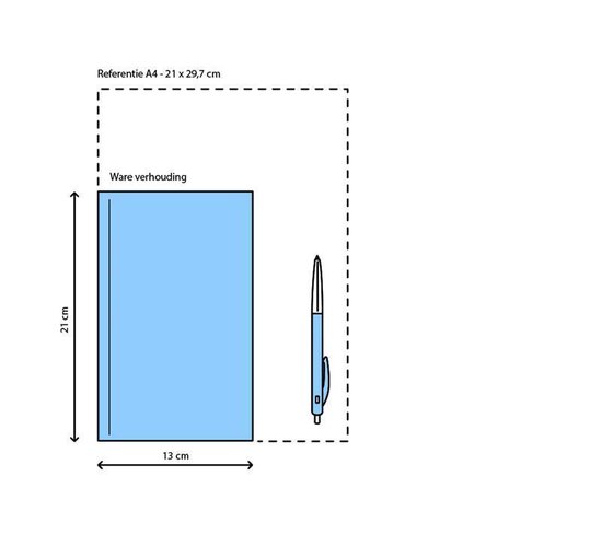 Blauw notitieboek van 13 x 21 cm met een pen ernaast. De afmetingen zijn aangegeven.