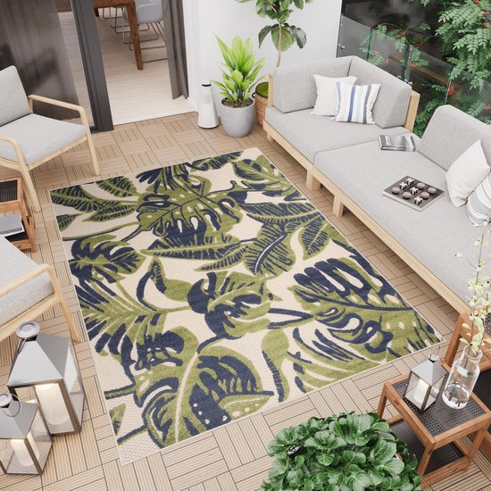 Tapiso Tapis De Patio Pour Terrasse Intérieure et Extérieure Crème Feuilles Vertes Effet 3D Moderne Sisal Pratique De Haute Qualité Durable Taille De Tapis - 160 x 220 cm