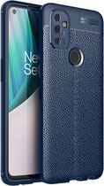 OnePlus Nord N100 hoesje - MobyDefend TPU Gelcase - Lederlook - Navy blauw - GSM Hoesje - Telefoonhoesje Geschikt Voor OnePlus Nord N100