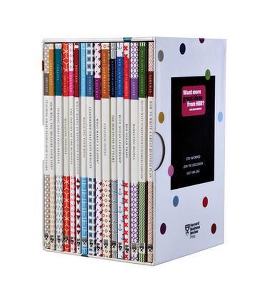 Een doos met HBR-klassiekers, met boeken met kleurrijke patronen en een doos met stippen.