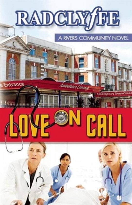 Boekomslag met de titel 'Love on Call', met een ziekenhuis en medisch personeel op een brancard.