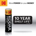 Één Kodak XtraLife Alkaline AA batterij met "10 YEAR SHELF LIFE" tekst.