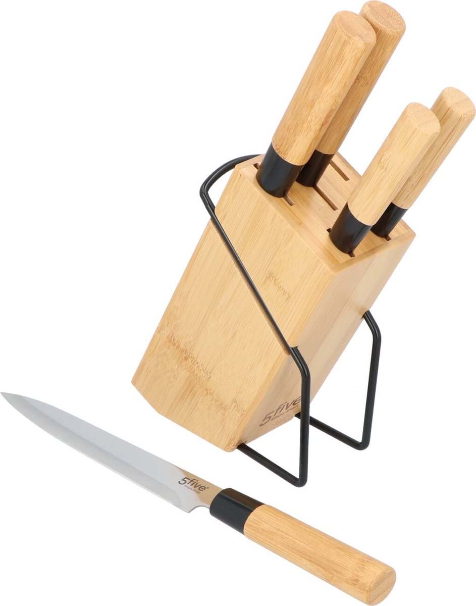 4goodz Messenblok Bamboe met 5 messen met handvat in Japanse stijl - Merkloos